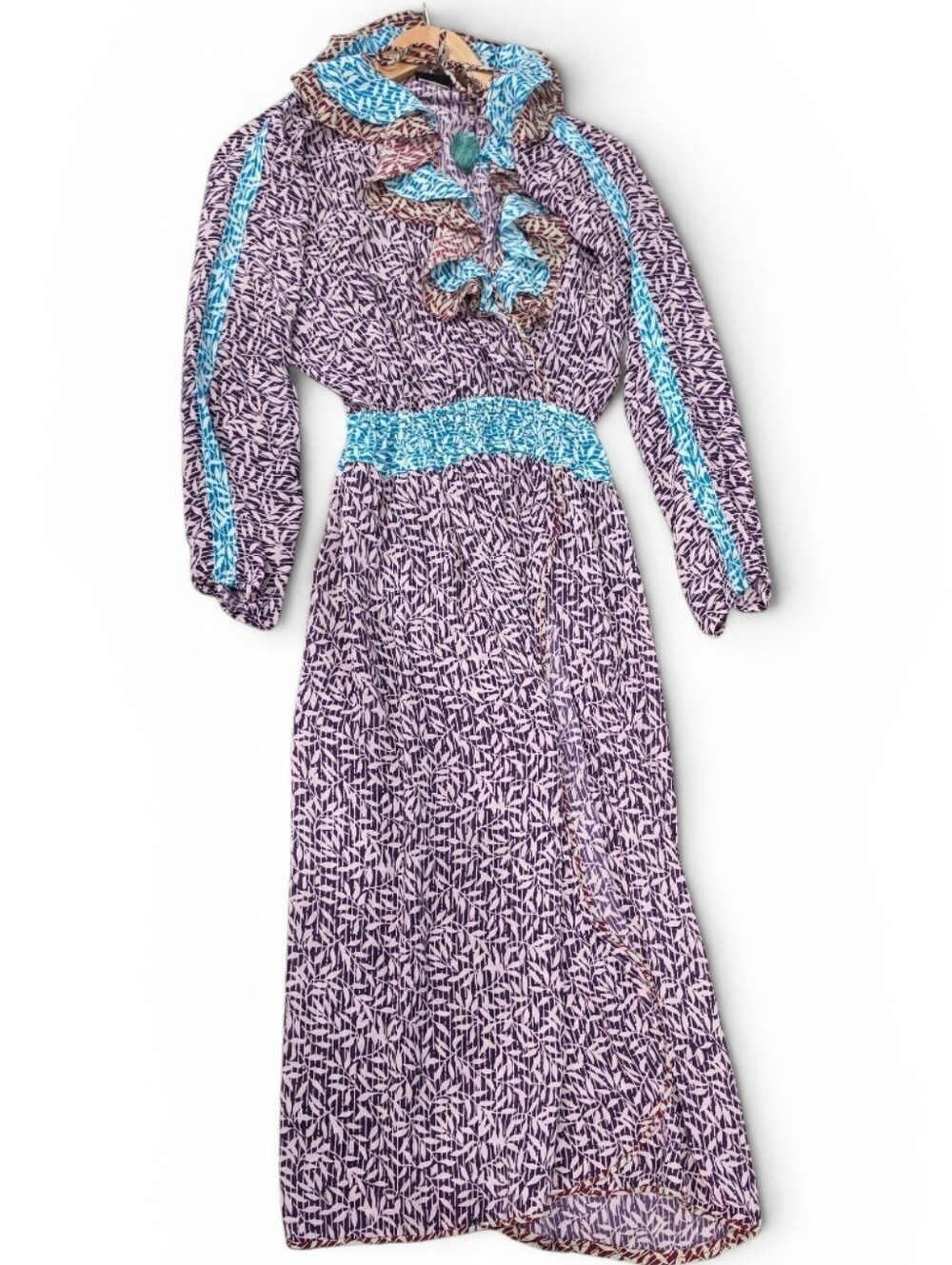 Vintage Diana Freis Boho Midi Dress Ruffle Neck Multicolor Geometric Print Sz S